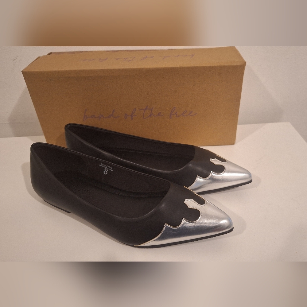 Sleek Black and Silver Pointed-Toe Flats